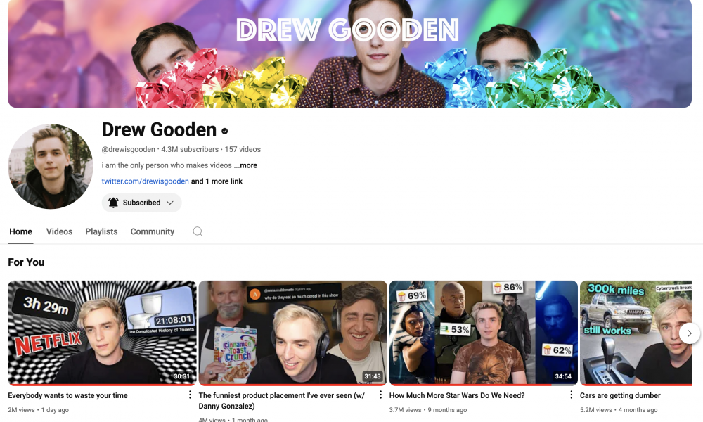 Screenshot of Drew Gooden's YouTube page